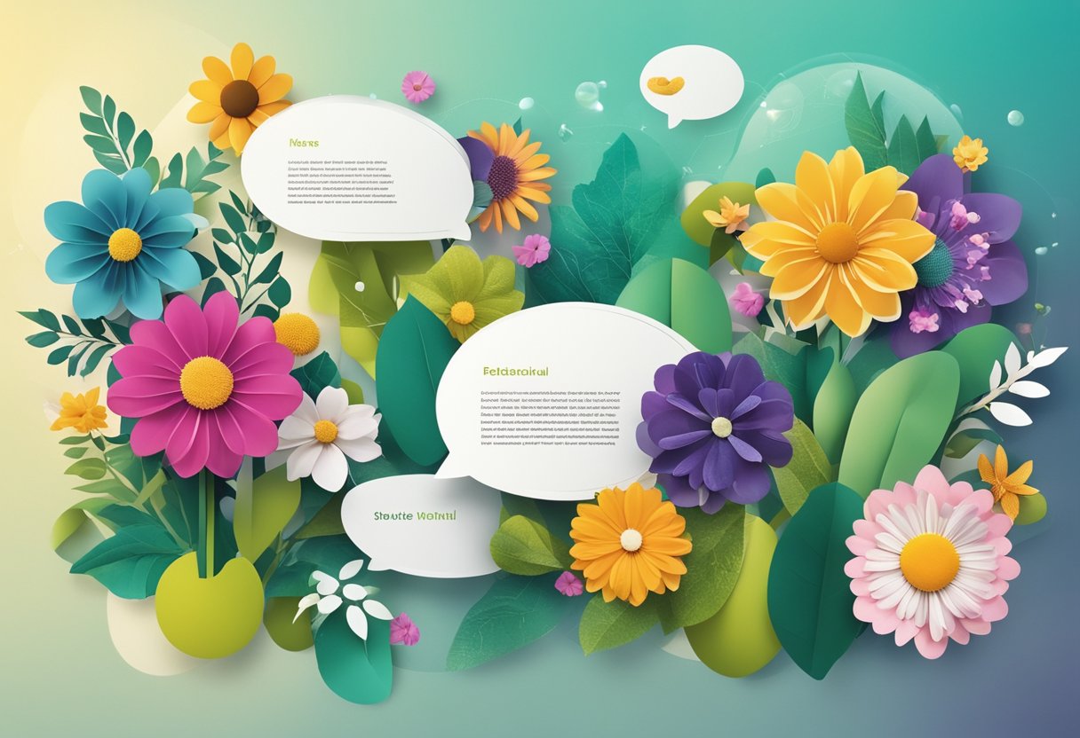 A collage of vibrant flowers and plants with speech bubbles containing positive testimonials and feedback