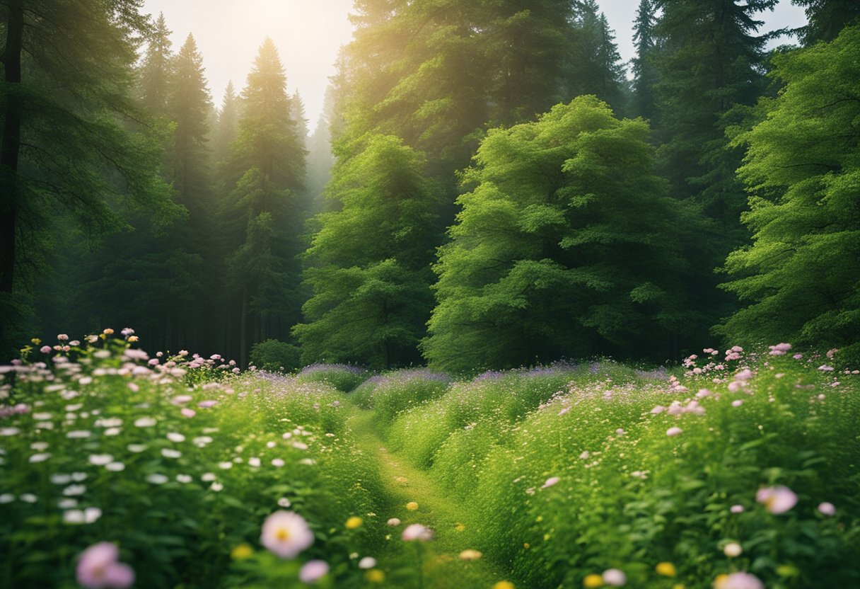 A serene forest with vibrant, blooming flowers, surrounded by a protective barrier of lush greenery