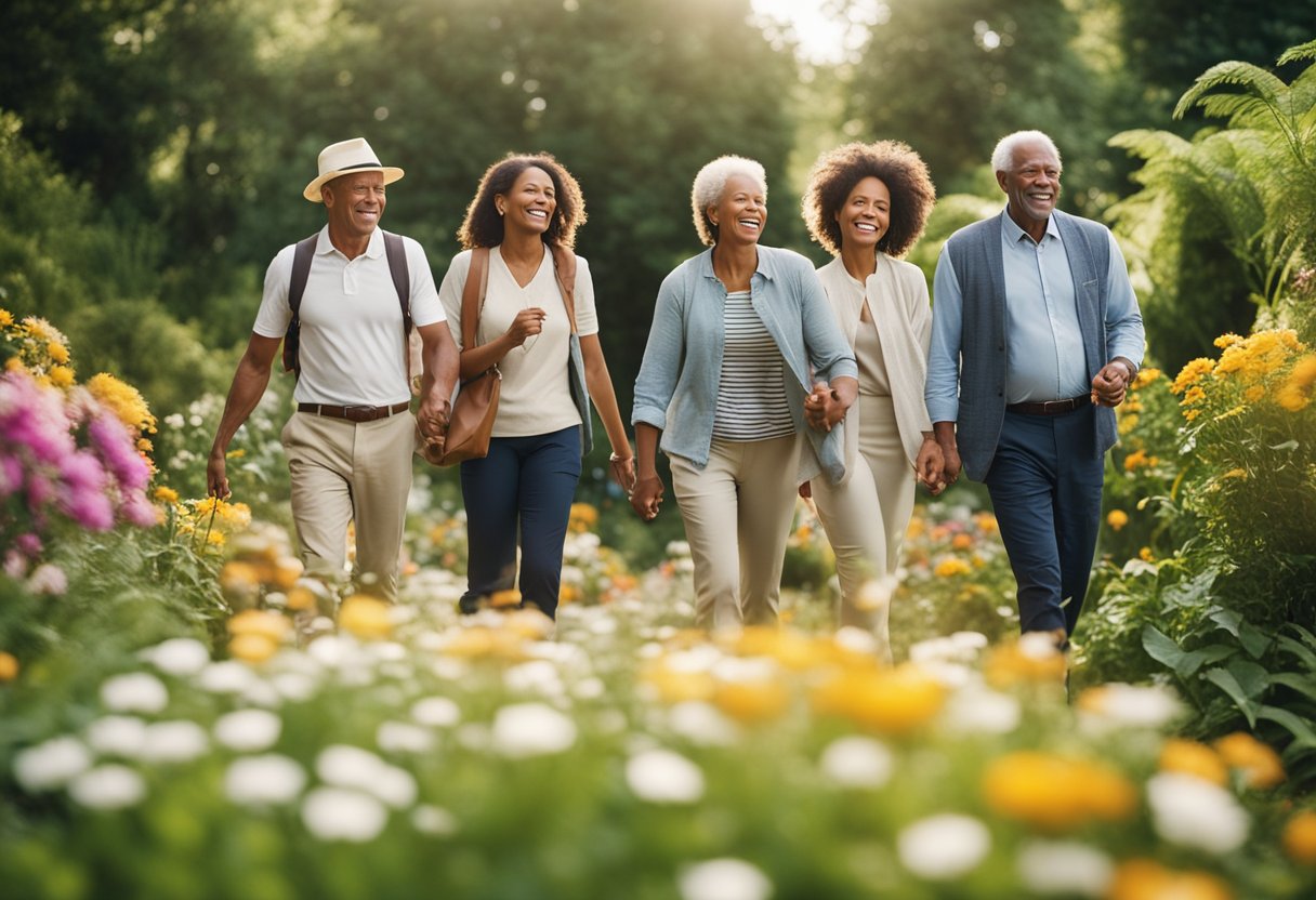 A diverse group of people, including children and elderly individuals, engaging in outdoor activities surrounded by lush greenery and colorful flowers