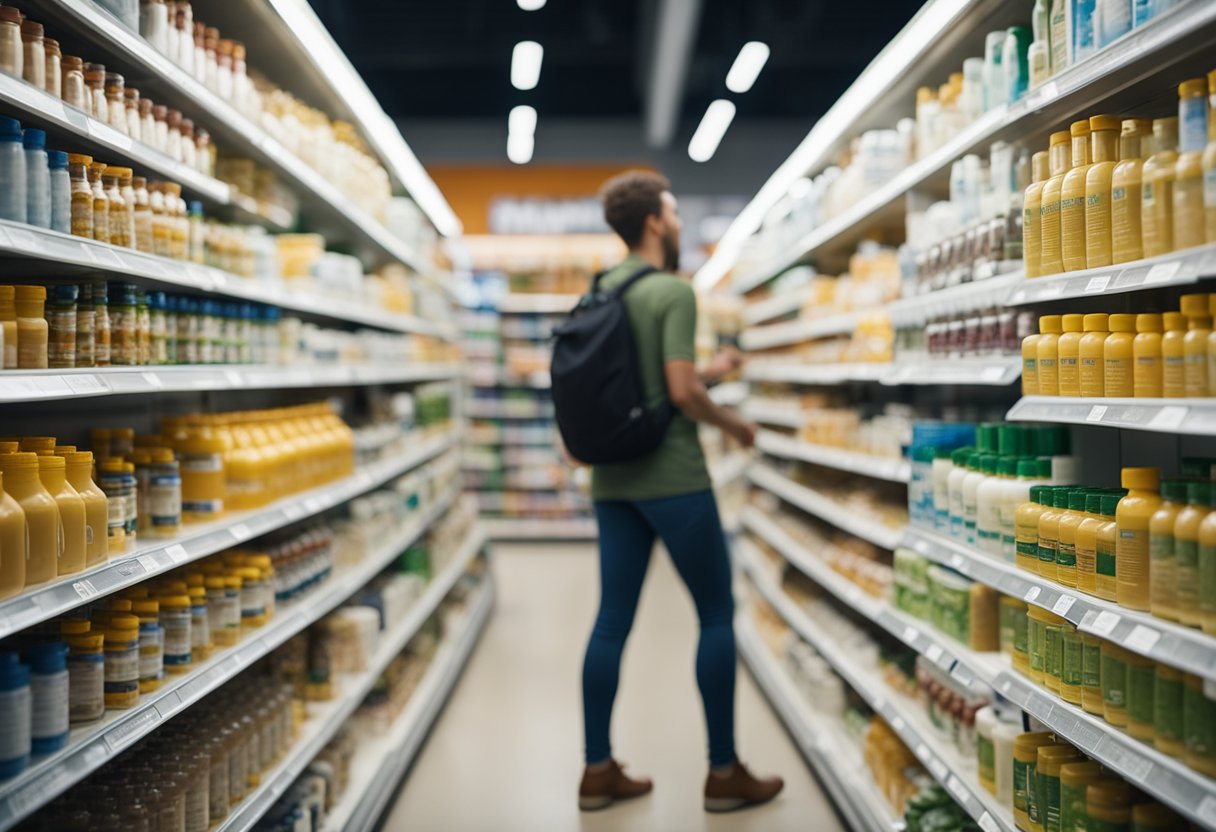 A person comparing different probiotic supplement bottles in a well-lit, organized store aisle with various brands and types displayed on shelves