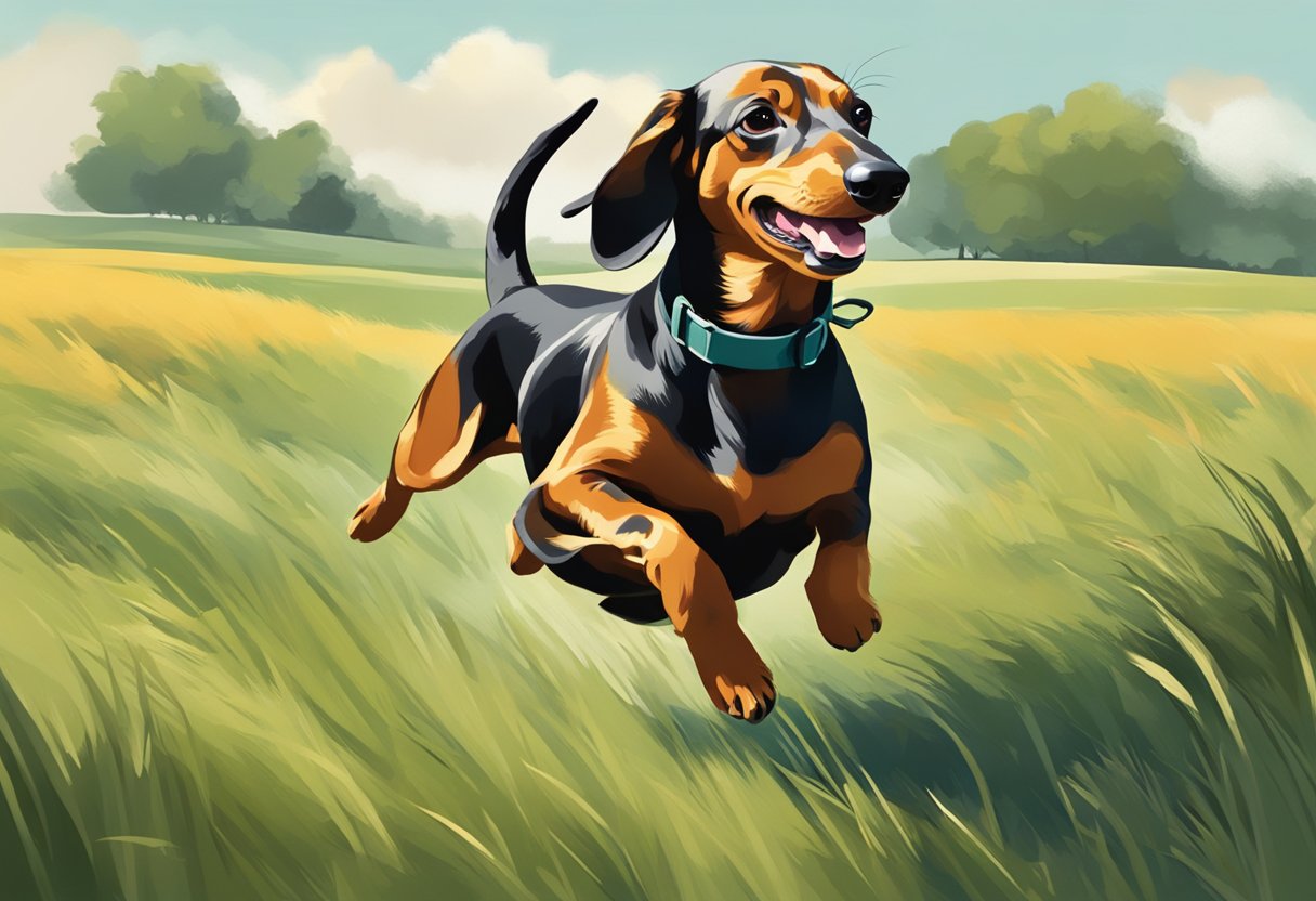 A dachshund running through a grassy field with its ears flopping in the wind