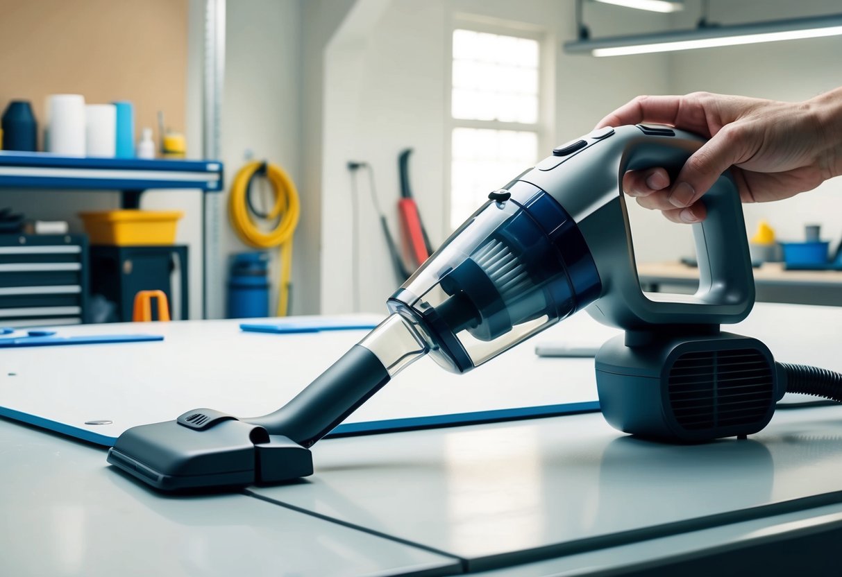 Un petit aspirateur à main pour voitures, au design élégant et moderne, posé sur un établi propre et organisé dans un garage bien éclairé.