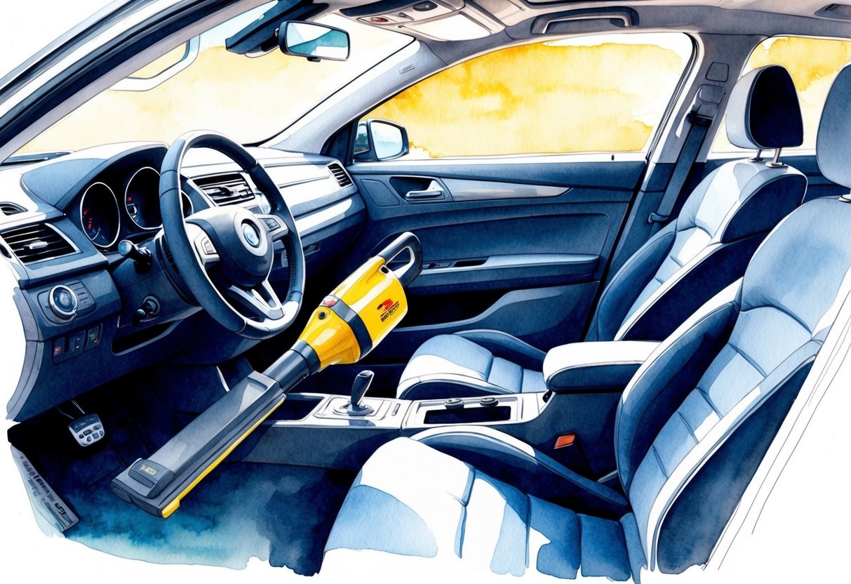 Une illustration de l'intérieur d'une voiture avec divers accessoires et un aspirateur de voiture Lidl polyvalent en utilisation