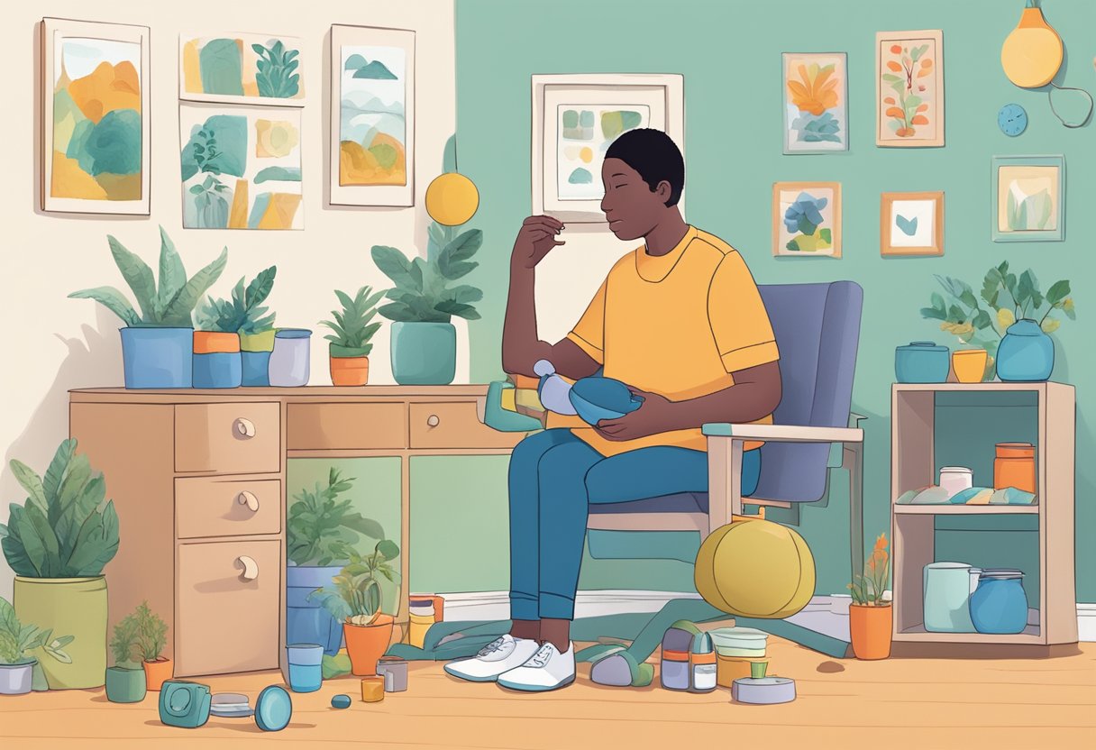 A person with POTS and autism sits in a quiet room, surrounded by sensory-friendly objects and calming colors. They hold a medical alert bracelet and a communication device