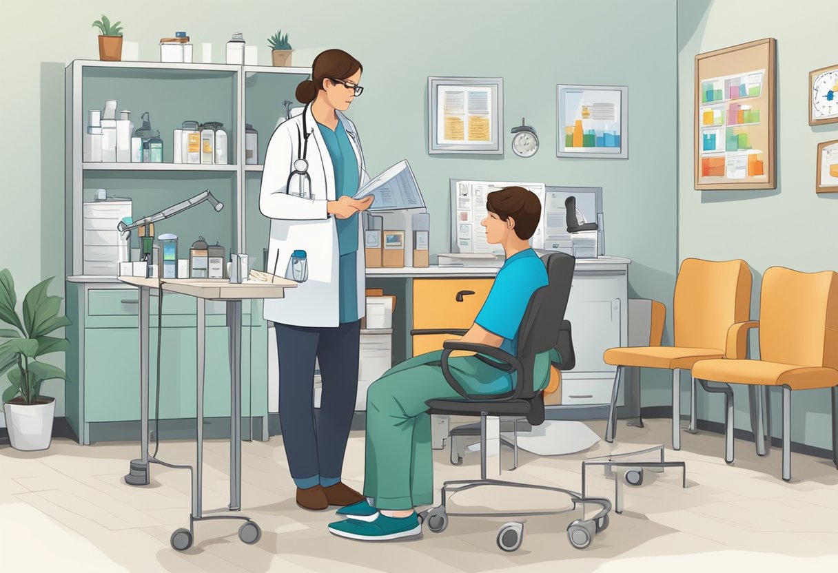 A person with Autism Spectrum Disorder sits in a doctor's office, surrounded by medical equipment and charts. The doctor discusses the comorbidity of POTS and autism with the patient