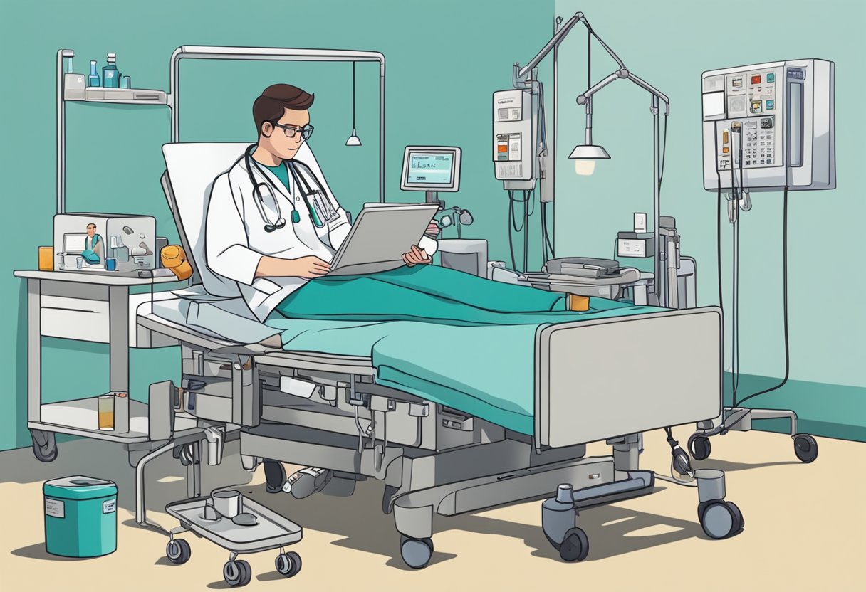 A person sitting on a hospital bed with medical equipment around them, a doctor discussing their comorbid POTS and autism diagnosis