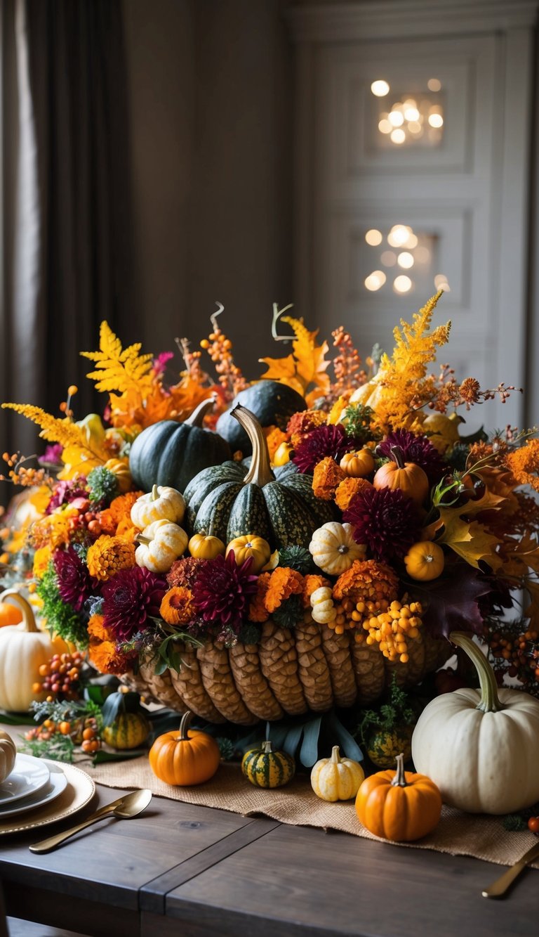 A bountiful cornucopia overflows with vibrant fall flowers, gourds, and foliage, creating a festive Thanksgiving centerpiece