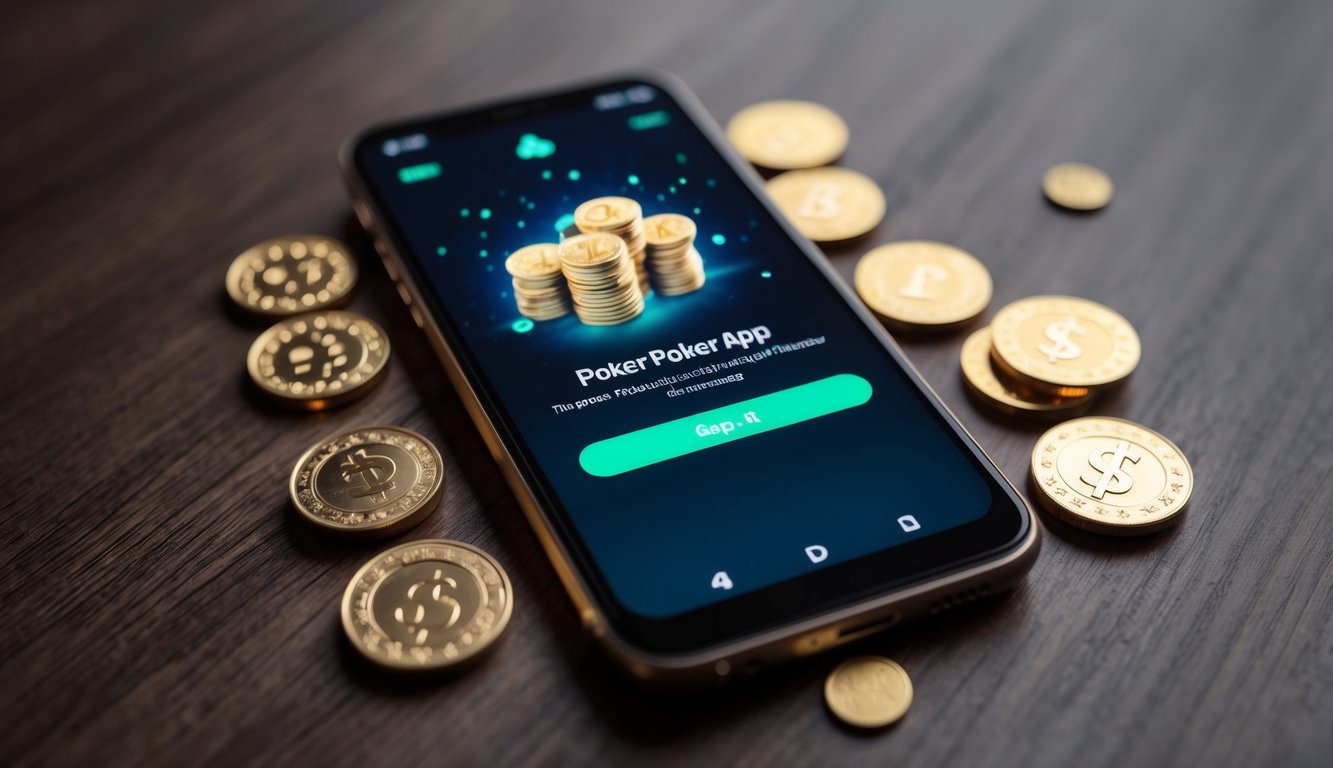 Sebuah smartphone dengan layar yang bercahaya menampilkan aplikasi poker, dikelilingi oleh koin-koin yang berserakan dan tombol deposit yang berdenyut.