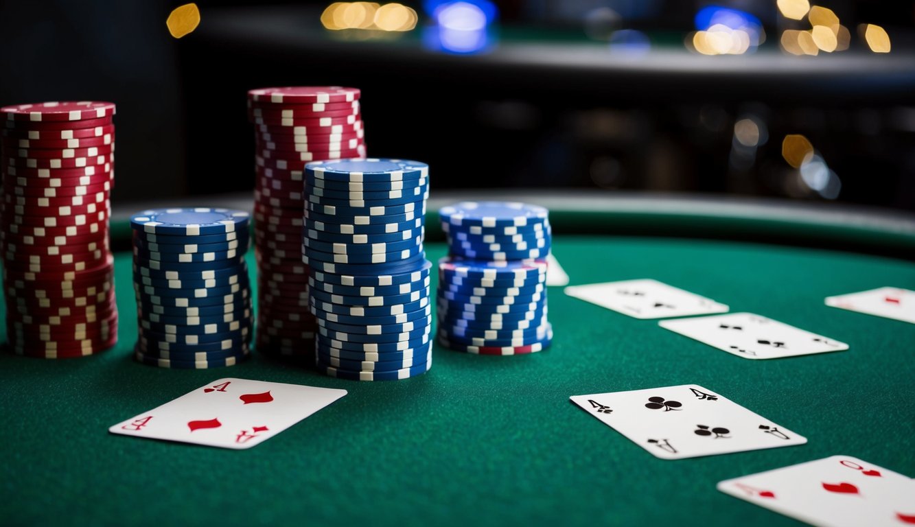 Sekelompok chip poker yang disusun rapi dalam tumpukan, dengan beberapa kartu berserakan di sekitar meja felt hijau