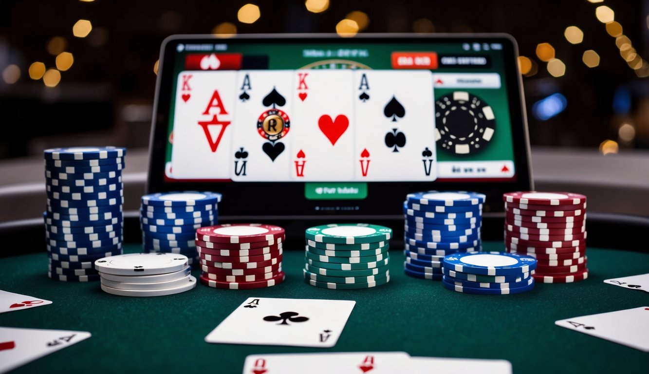 Sekelompok chip poker dan kartu remi yang disusun di atas meja, dengan antarmuka digital yang menampilkan permainan poker tanpa bot.