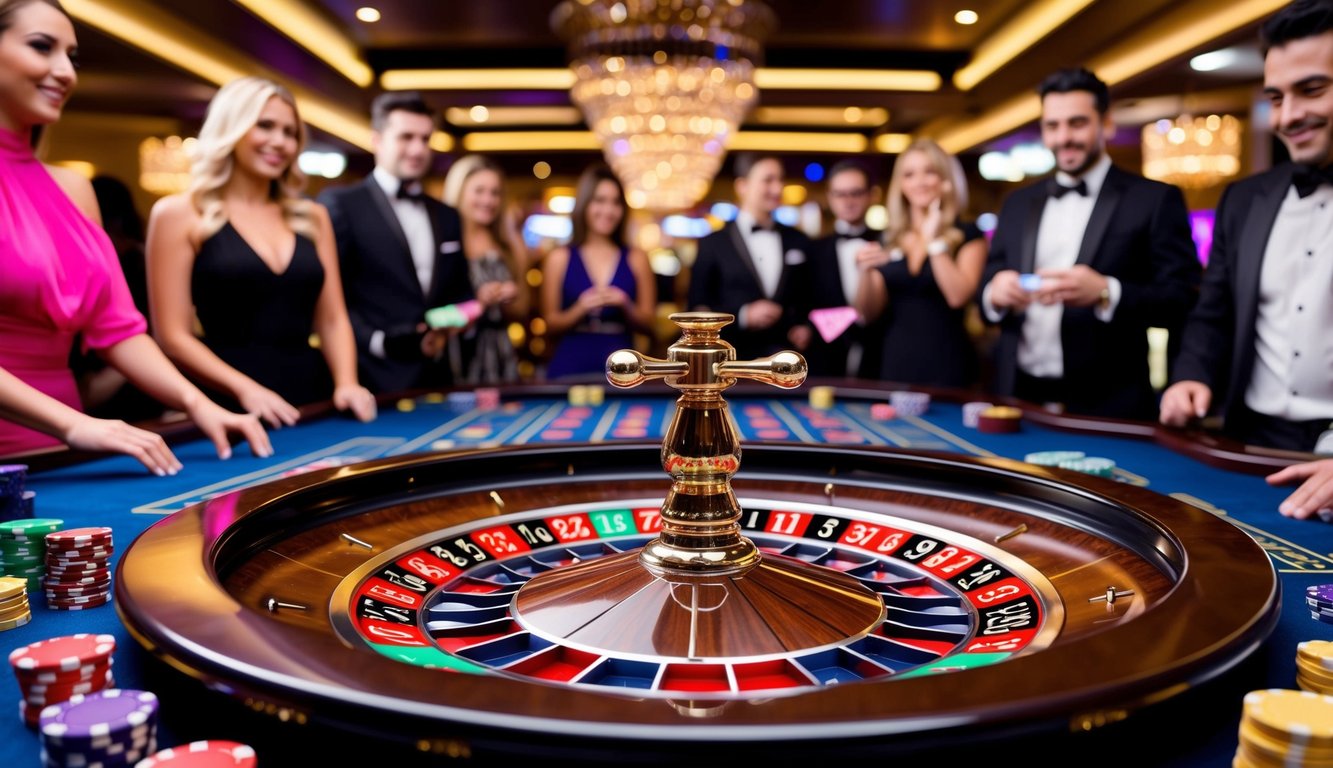 Sebuah meja roulette mewah dengan chip berwarna-warni dan roda yang berputar, dikelilingi oleh pemain yang antusias dan suasana kasino yang glamor