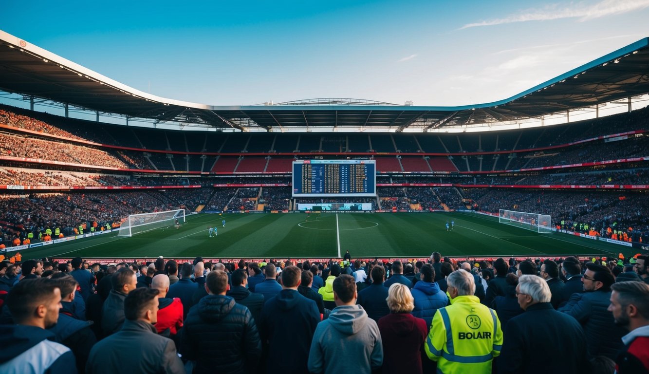 Sebuah stadion sepak bola yang ramai dengan sebuah kios taruhan besar di tengah