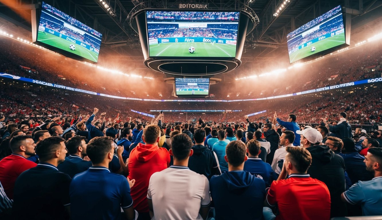 Arena taruhan sepak bola yang ramai dengan penggemar yang bersorak dan layar raksasa