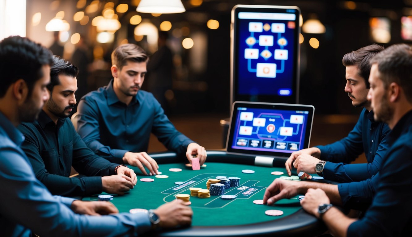 Sekelompok pemain poker duduk di sekitar meja, dengan hati-hati mempelajari kartu dan chip mereka, sementara layar digital menampilkan berbagai strategi permainan dan tips.