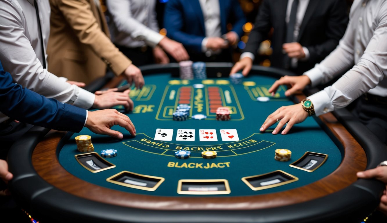 Sebuah meja blackjack digital dengan kartu dan chip, dikelilingi oleh sekelompok pemain online yang berinteraksi dengan antarmuka permainan