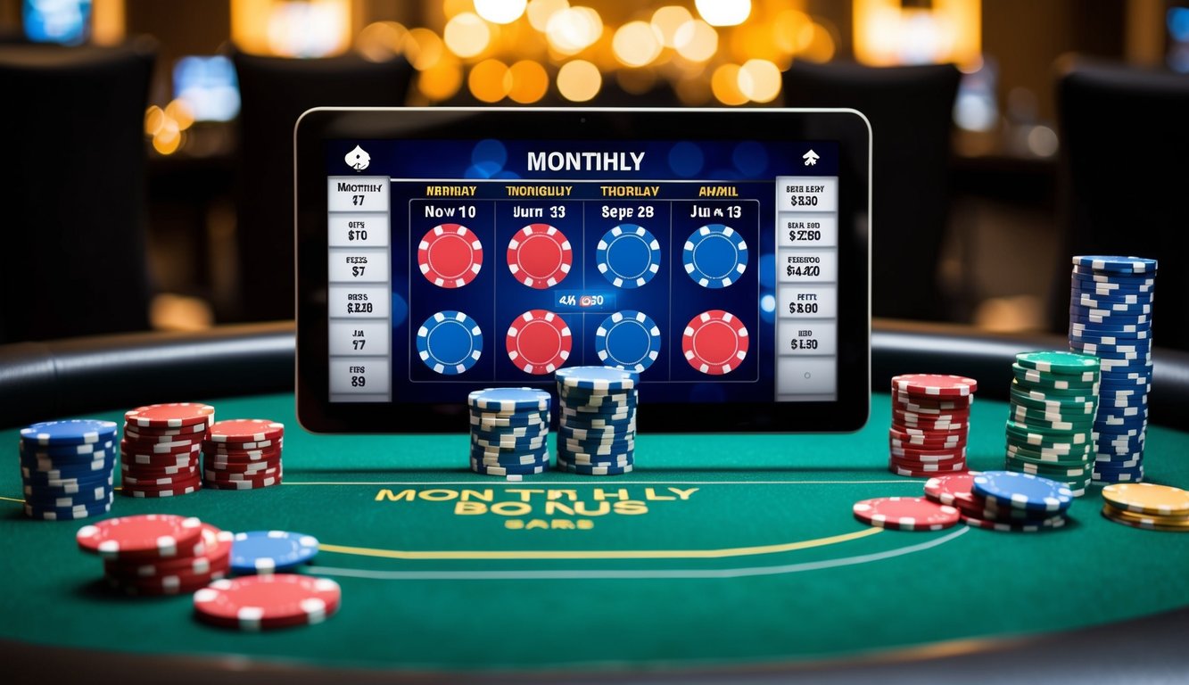 Sebuah meja poker dikelilingi oleh chip dan kartu berwarna-warni, dengan tampilan digital yang menunjukkan bonus bulanan dan tawaran promosi