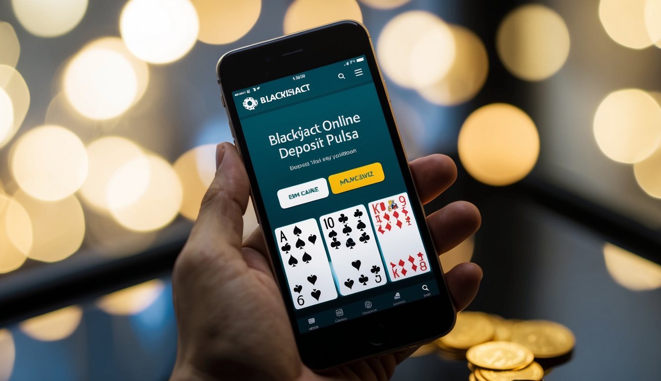 Sebuah smartphone yang menampilkan situs web deposit pulsa blackjack online dengan permainan kartu virtual yang sedang berlangsung