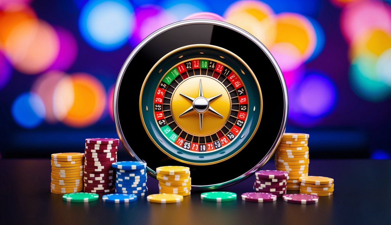 Roda roulette online yang berwarna-warni berputar di perangkat digital, dikelilingi oleh chip virtual dan latar belakang kasino yang cerah