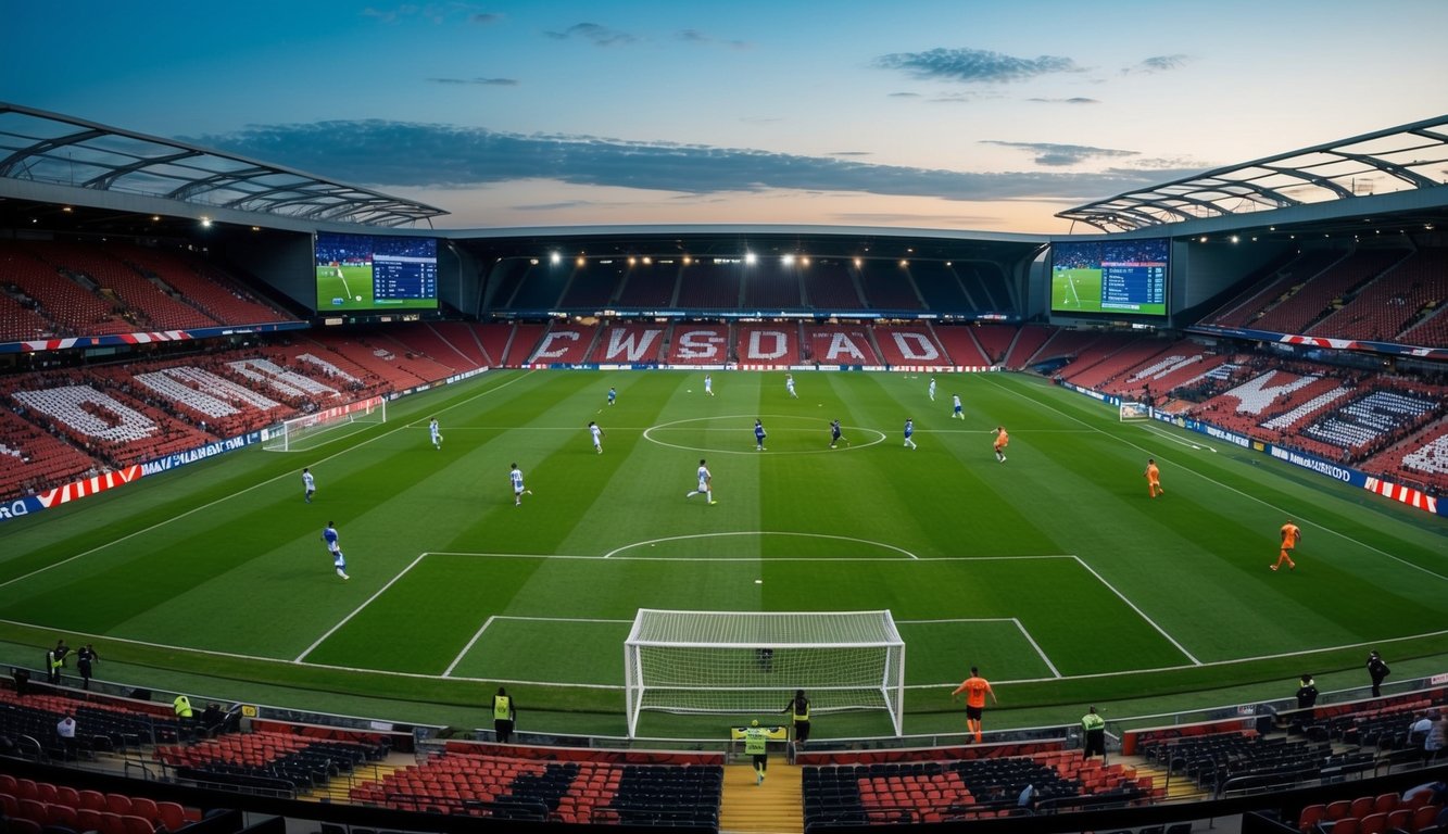 Sebuah lapangan sepak bola dengan pemain yang sedang beraksi, dikelilingi oleh layar yang menampilkan analisis pertandingan yang mendetail