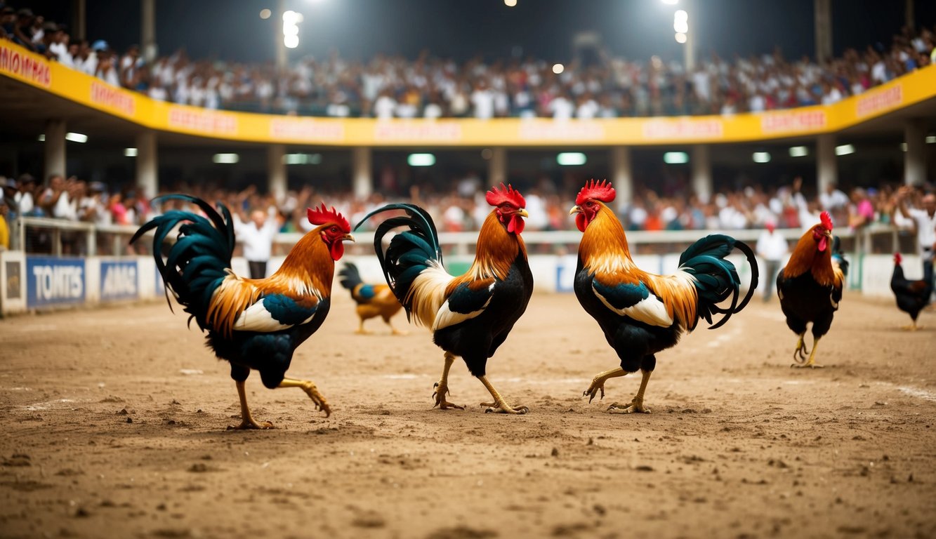 Sebuah arena sabung ayam yang meriah dengan penonton yang bersorak dan ayam jantan berwarna-warni yang bertarung