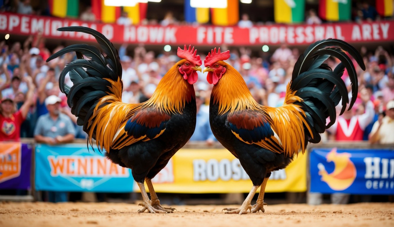 Dua ayam jantan berhadapan di arena yang ramai, dikelilingi oleh penonton yang bersorak dan spanduk berwarna-warni