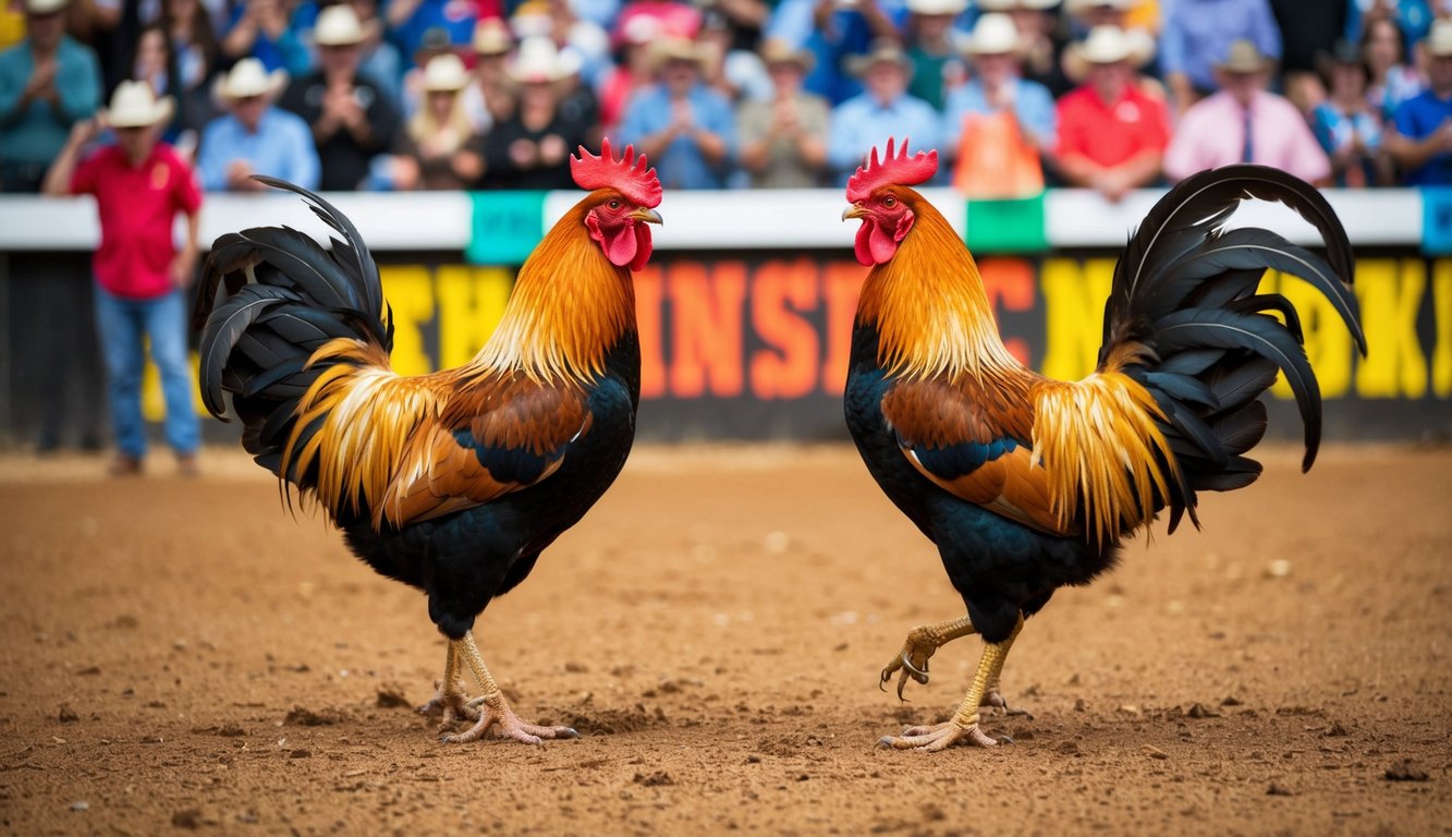 Dua ayam jantan berhadapan di arena tanah, dikelilingi oleh penonton yang bersorak dan spanduk berwarna-warni