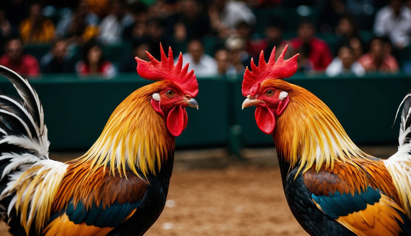 Dua ayam jantan berhadapan di arena yang ramai, bulu-bulu mereka kusut, siap untuk bertarung