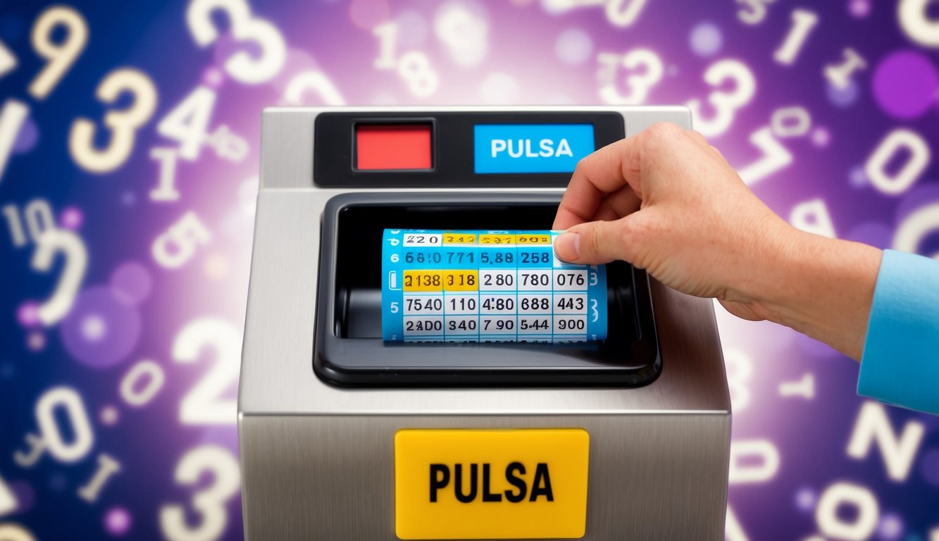 Sebuah tiket lotere berwarna-warni dimasukkan ke dalam slot yang bertuliskan "Pulsa" di tengah latar belakang angka dan simbol yang berputar.