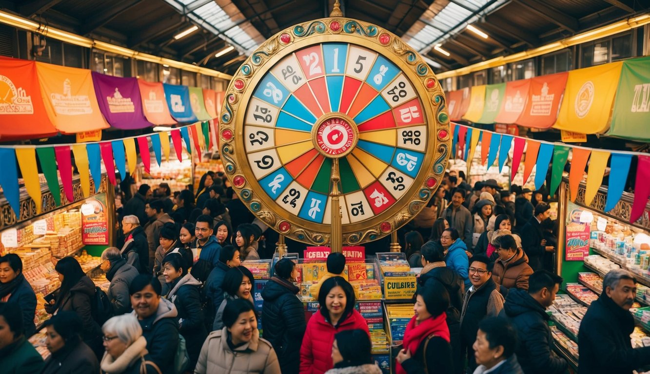 Pasar yang ramai dengan spanduk berwarna-warni dan roda lotere besar yang dihias di tengah. Penjual dan pembeli di sekitarnya dengan antusias menunggu undian berikutnya.