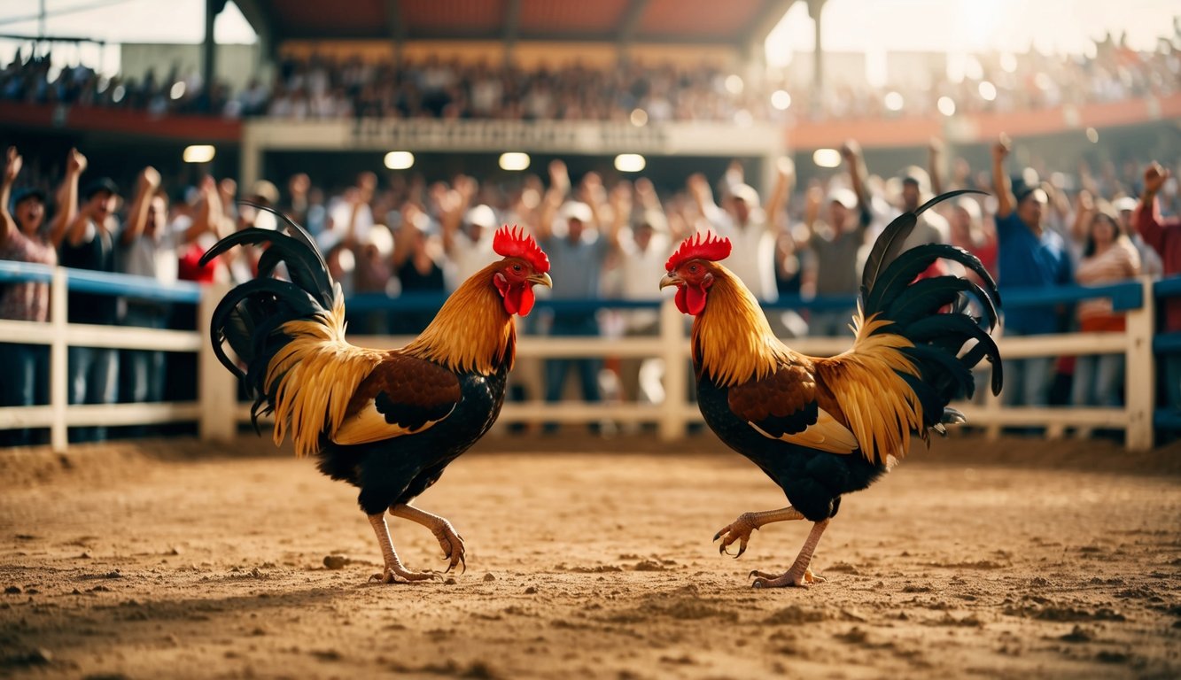 Sebuah arena sabung ayam dengan penonton yang bersorak dan dua ayam jantan berhadapan di tengah