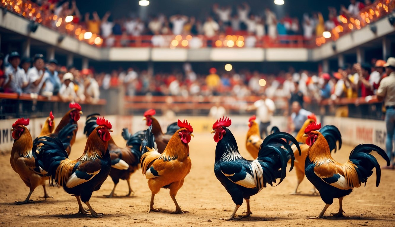 Sebuah arena sabung ayam yang ramai dengan penonton yang bersorak dan ayam jantan berwarna-warni di tengah aksi