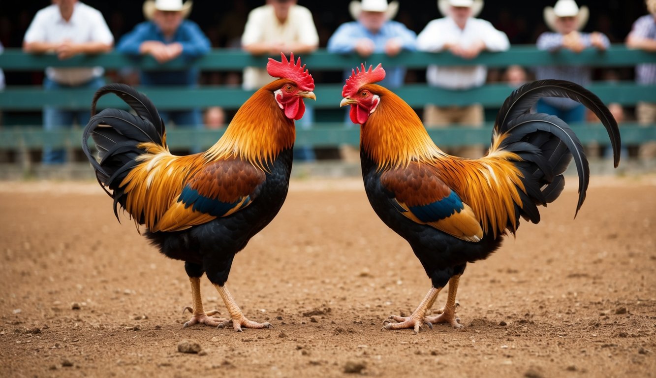 Dua ayam jantan berhadapan di arena tanah, dikelilingi oleh penonton yang bersorak