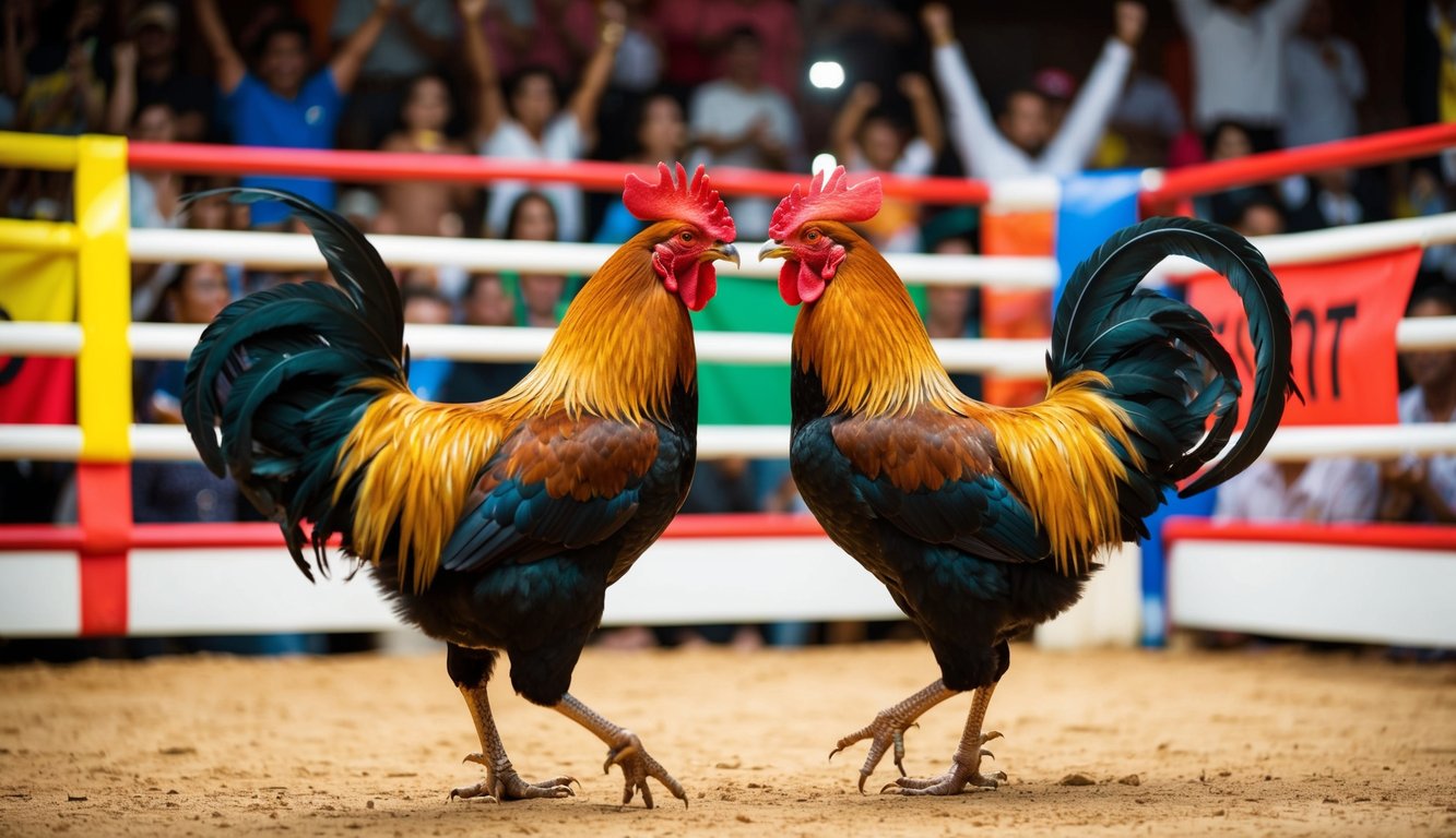 Dua ayam jantan berhadapan di arena sabung ayam, dikelilingi oleh penonton yang bersorak-sorai dan spanduk berwarna-warni