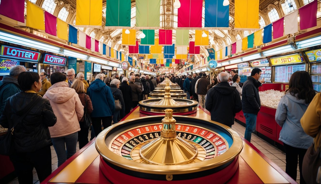 Pasar yang ramai dengan spanduk berwarna-warni dan roda lotere besar yang dihias di tengah. Orang-orang dengan antusias mengantri untuk memasang taruhan mereka.