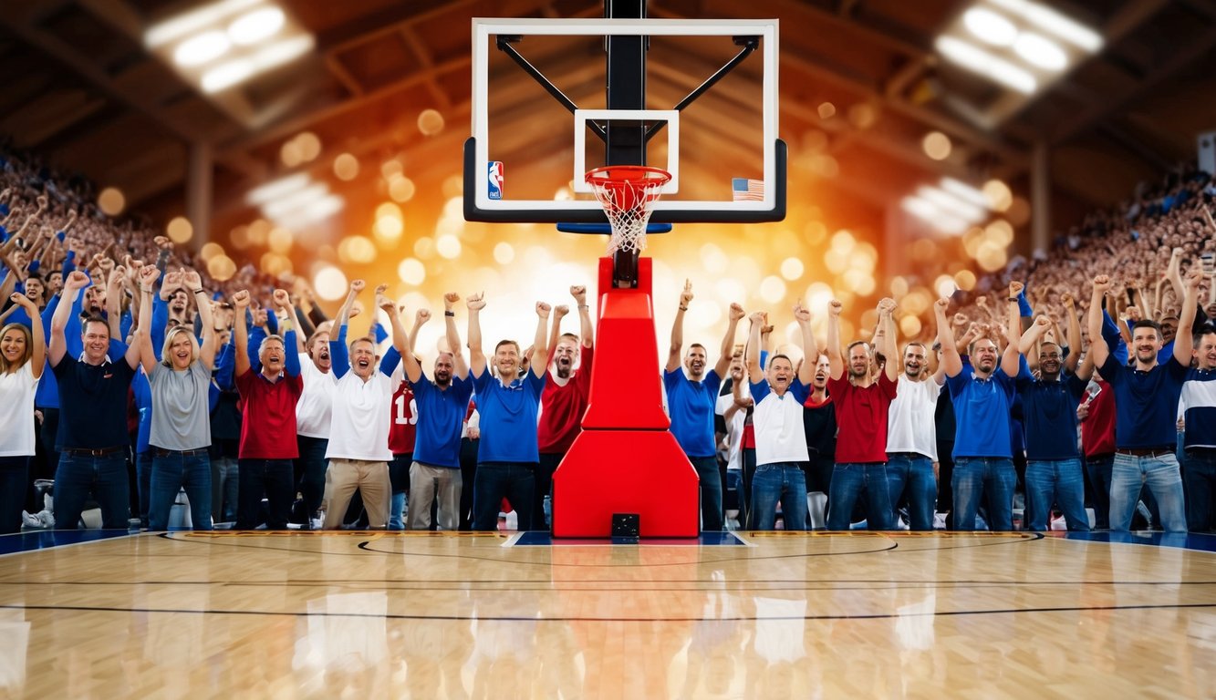 Sebuah lapangan basket dengan ring, dikelilingi oleh penggemar yang bersorak