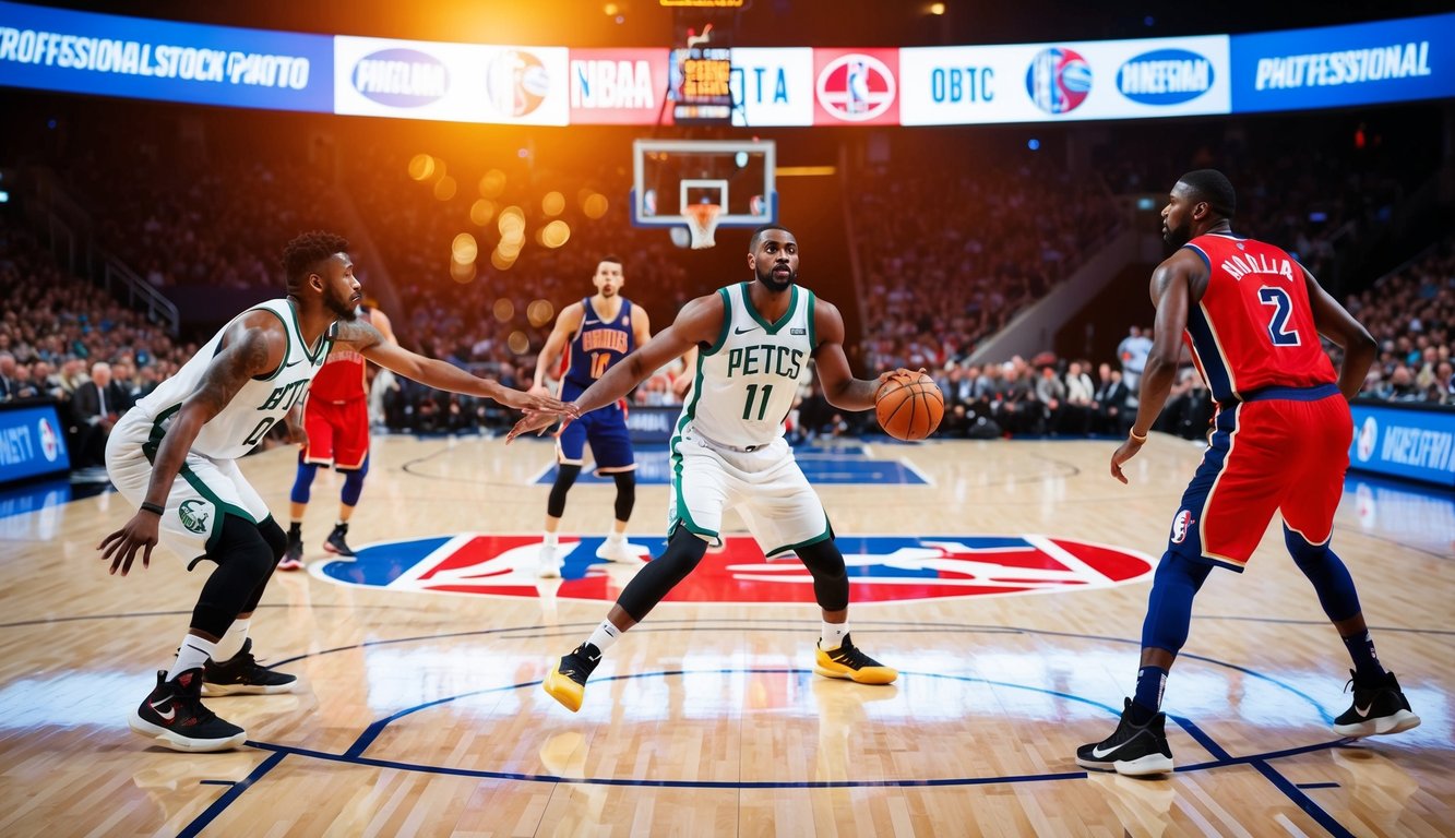 Sebuah lapangan basket dengan pemain yang sedang beraksi selama pertandingan NBA