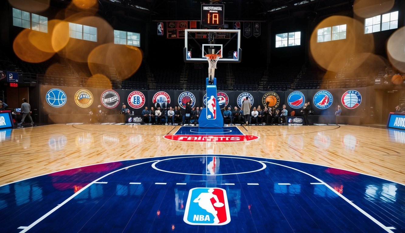 Lapangan basket dengan logo tim NBA dan papan skor