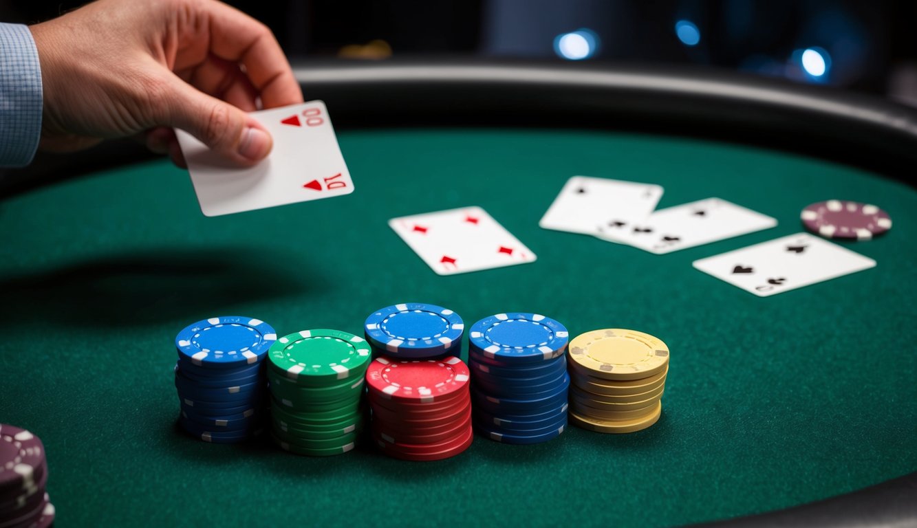 Sekelompok chip poker berwarna-warni yang disusun di atas meja felt hijau, dengan kartu yang dibagikan oleh tangan yang tidak terlihat