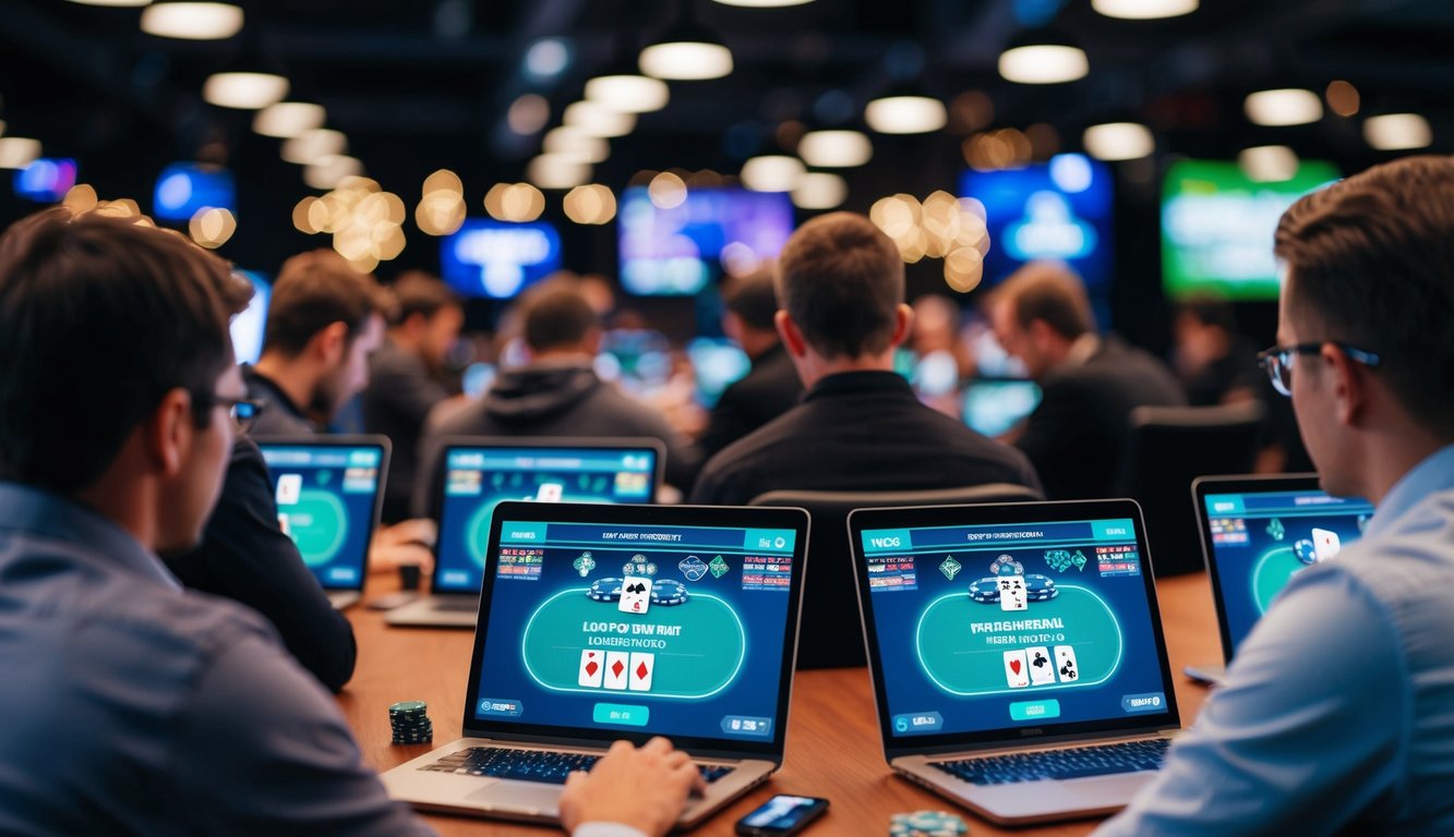 Turnamen poker virtual dengan banyak pemain di perangkat mereka, fokus pada layar mereka, dengan kartu dan chip digital yang ditampilkan