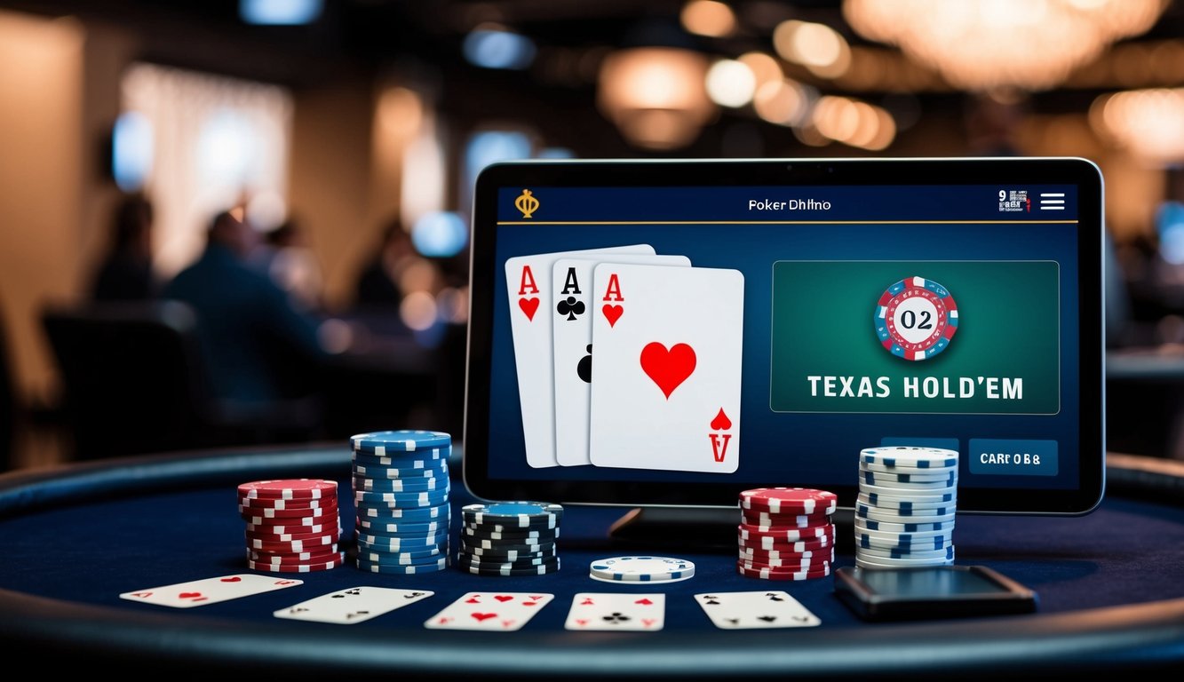 Sebuah meja dengan chip poker, kartu, dan antarmuka digital untuk Texas Hold'em online