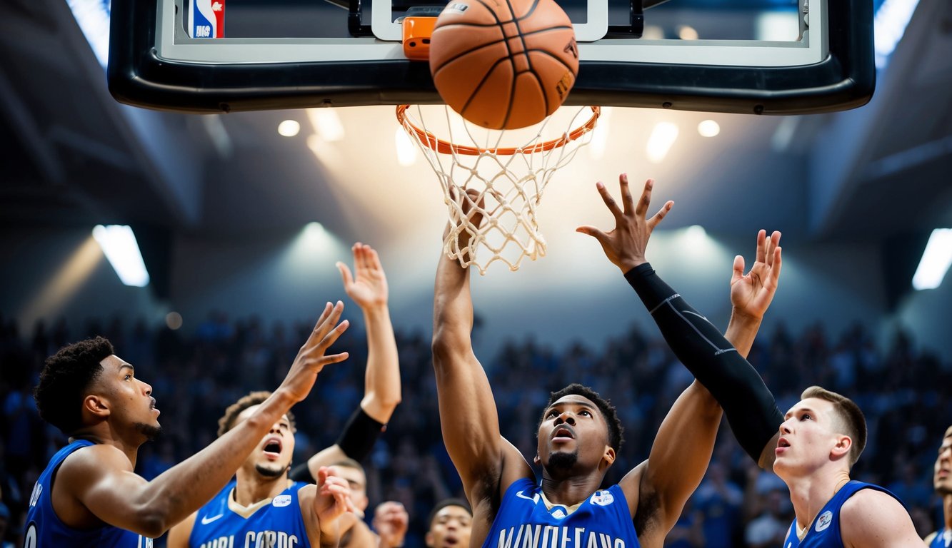 Sebuah bola basket melayang di udara menuju ring, dikelilingi oleh para penggemar yang bersorak dan pemain yang intens di lapangan