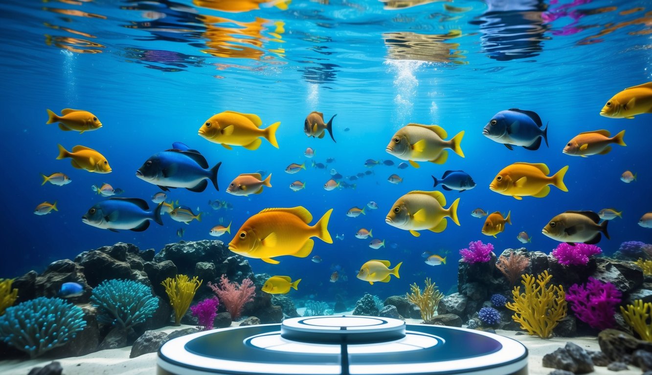 Dunia bawah laut yang penuh warna dengan ikan-ikan berwarna-warni dan galeri tembak futuristik untuk permainan slot memancing terbaru