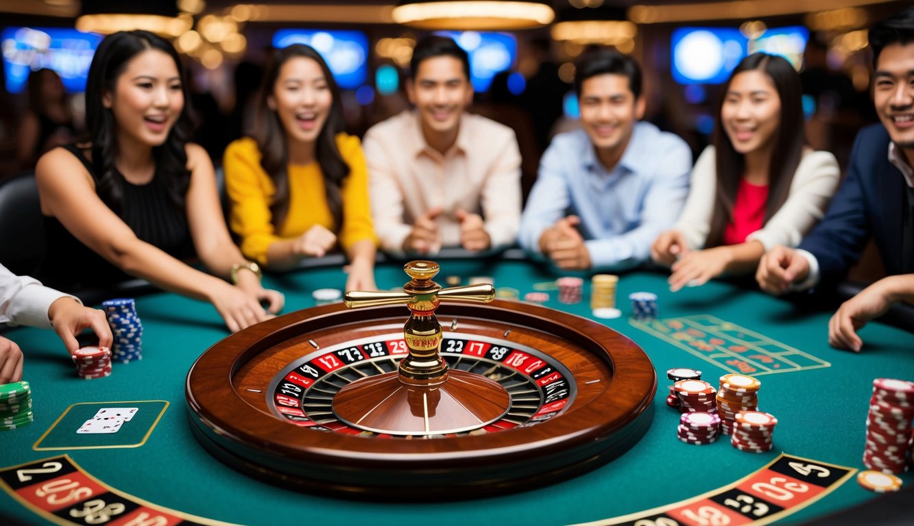 Roda roulette berputar di meja kasino, dikelilingi oleh pemain yang bersemangat dan suara chip yang bergetar