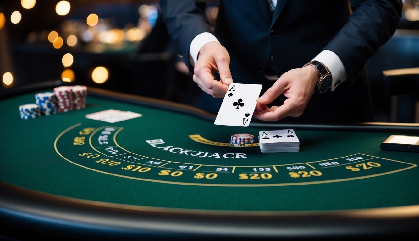 Sebuah meja blackjack online yang ramai dengan antarmuka yang ramping dan modern serta dek kartu yang sedang dikocok oleh dealer yang tidak terlihat