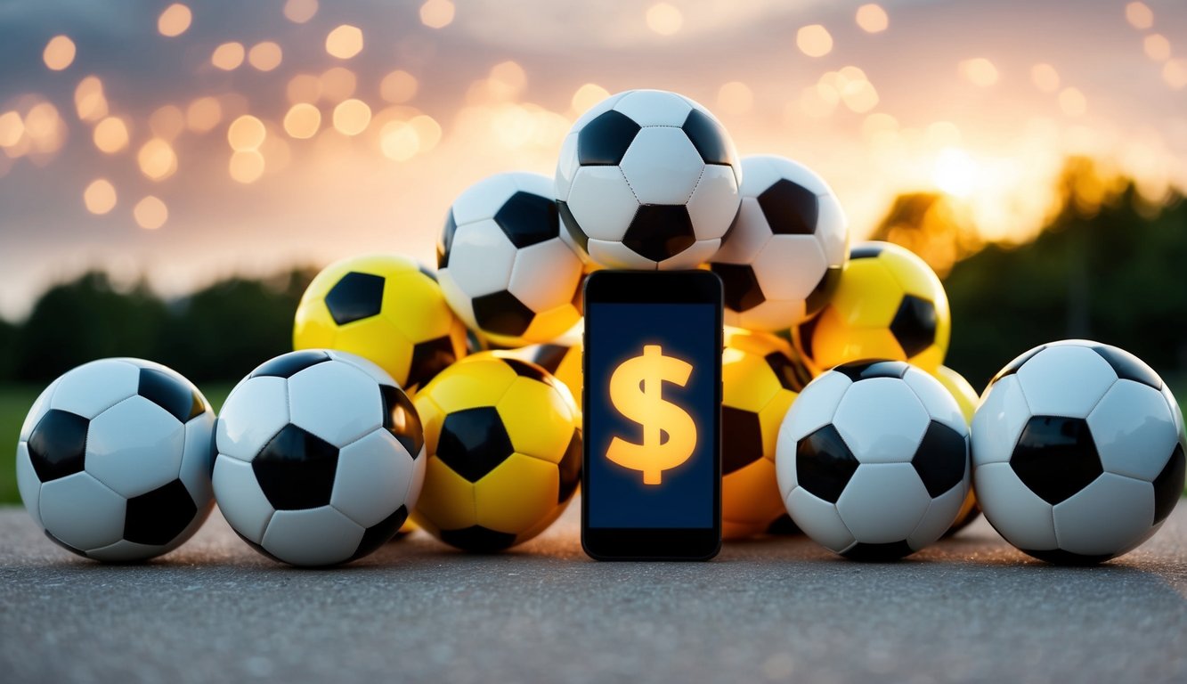 Sekelompok bola sepak yang disusun di sekitar ponsel dengan simbol deposit yang bersinar