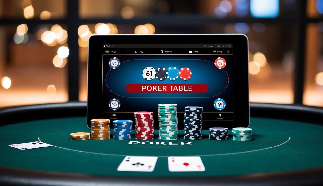 Meja poker virtual dengan chip, kartu, dan antarmuka digital untuk permainan online