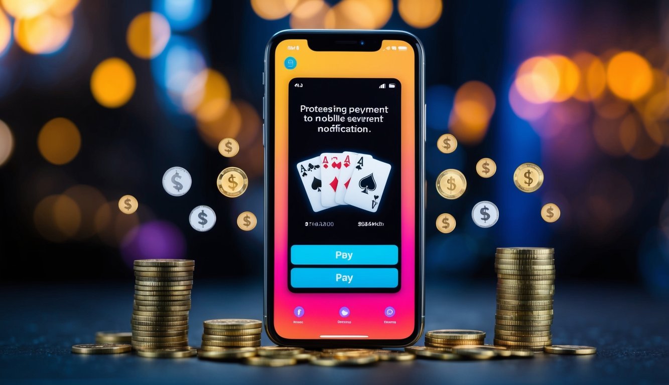 Sebuah smartphone dengan layar yang bersinar menampilkan aplikasi poker, dikelilingi oleh koin yang berserakan dan notifikasi pembayaran seluler yang berdenyut.