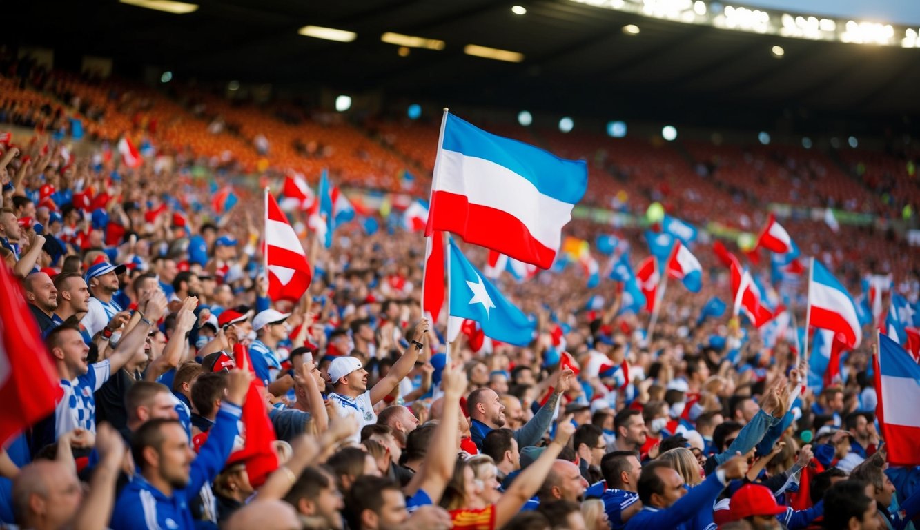 Sebuah stadion sepak bola yang penuh sesak dengan penggemar yang bersorak dan melambaikan bendera