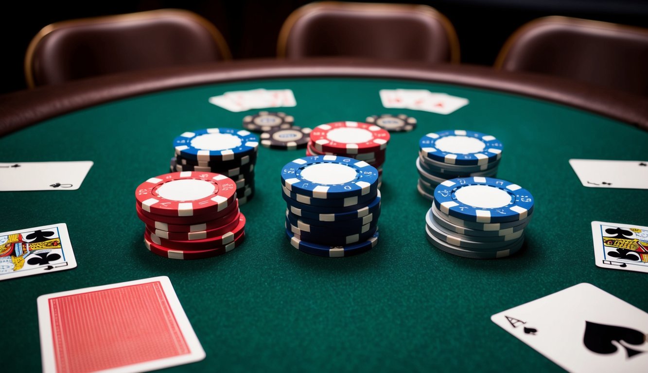 Sekelompok chip poker dan kartu yang disusun di atas meja felt hijau, dengan kursi pemain kosong