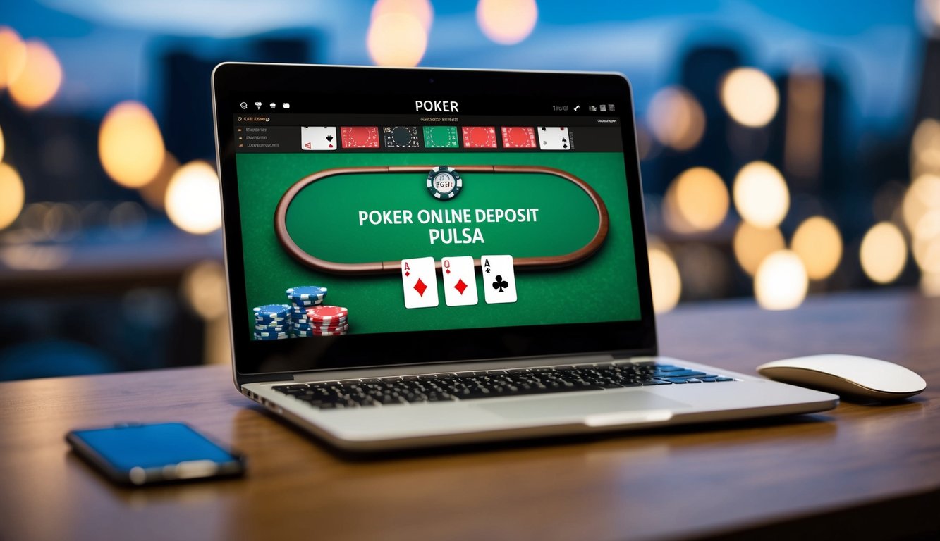 Sebuah perangkat digital yang menampilkan antarmuka deposit pulsa poker online dengan chip dan kartu virtual